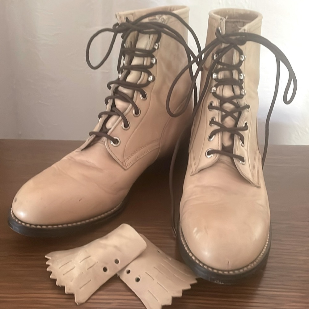 Vintage Justin Roper Boots Cream Leather Combat Lace-Up Youth 4 Women's Size 6